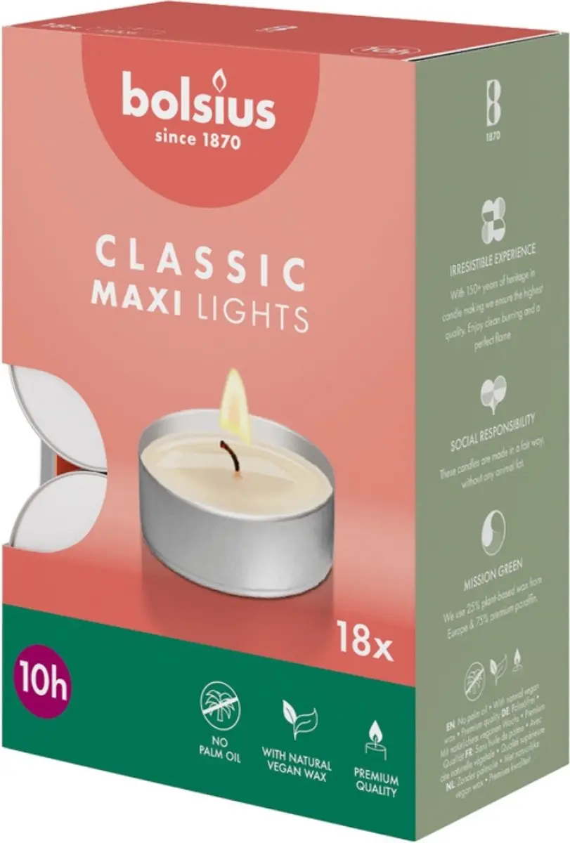 Bolsius Theelichten Maxi Classic Maxi Lights - 18 Stuks - Wit