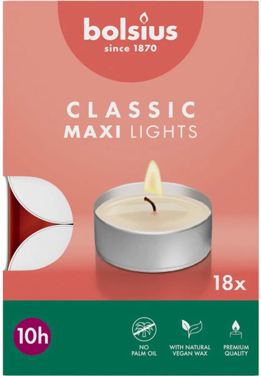 Bolsius Theelichten Maxi Classic Maxi Lights - 18 Stuks - Wit