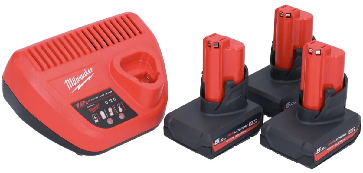 Milwaukee M12 HNRG-503 Startset - 3x HB5 5.0Ah Accu + C12C Lader - afbeelding 2 van 5