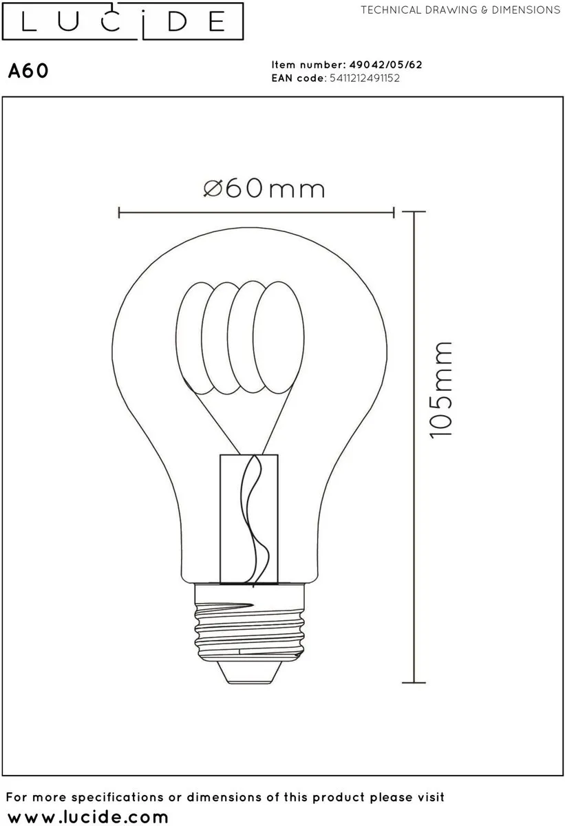 Lucide A60 LED Filamentlamp E27 4,9W 2200K - Amber