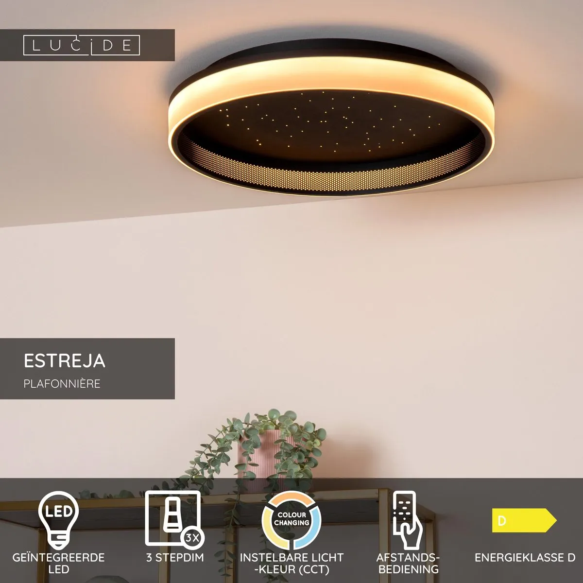 Lucide Estreja Plafondlamp Ø40cm - LED 3 StepDim Zwart