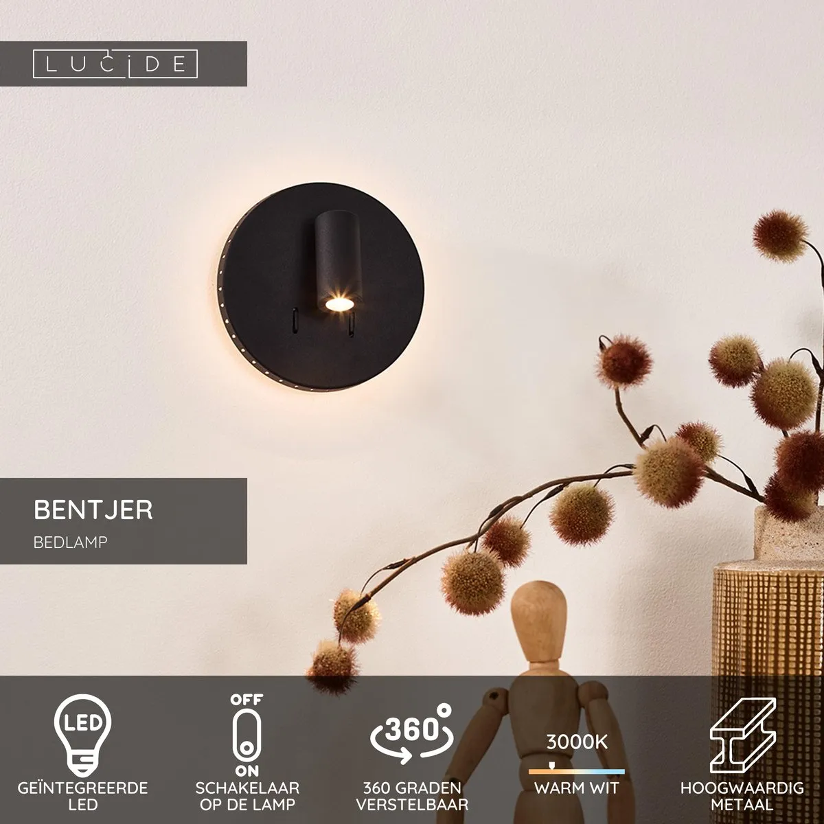 Lucide Bentjer Bedlamp/Wandlamp Ø14cm - 3000K - Zwart