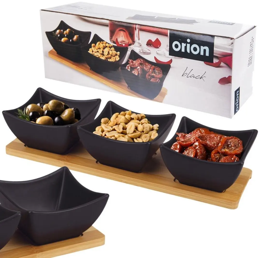 Orion Porseleinen Snackkomset 3-delig - Zwart - Bamboe dienblad
