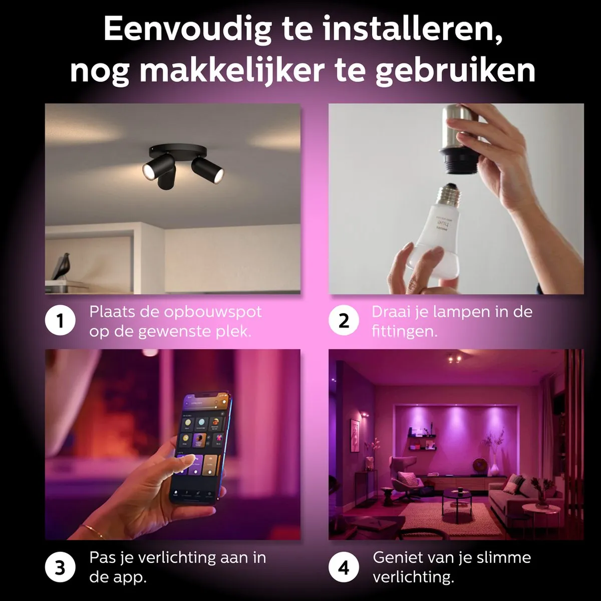 Philips Hue Pongee Opbouwspot Zwart - 3x GU10 RGBW