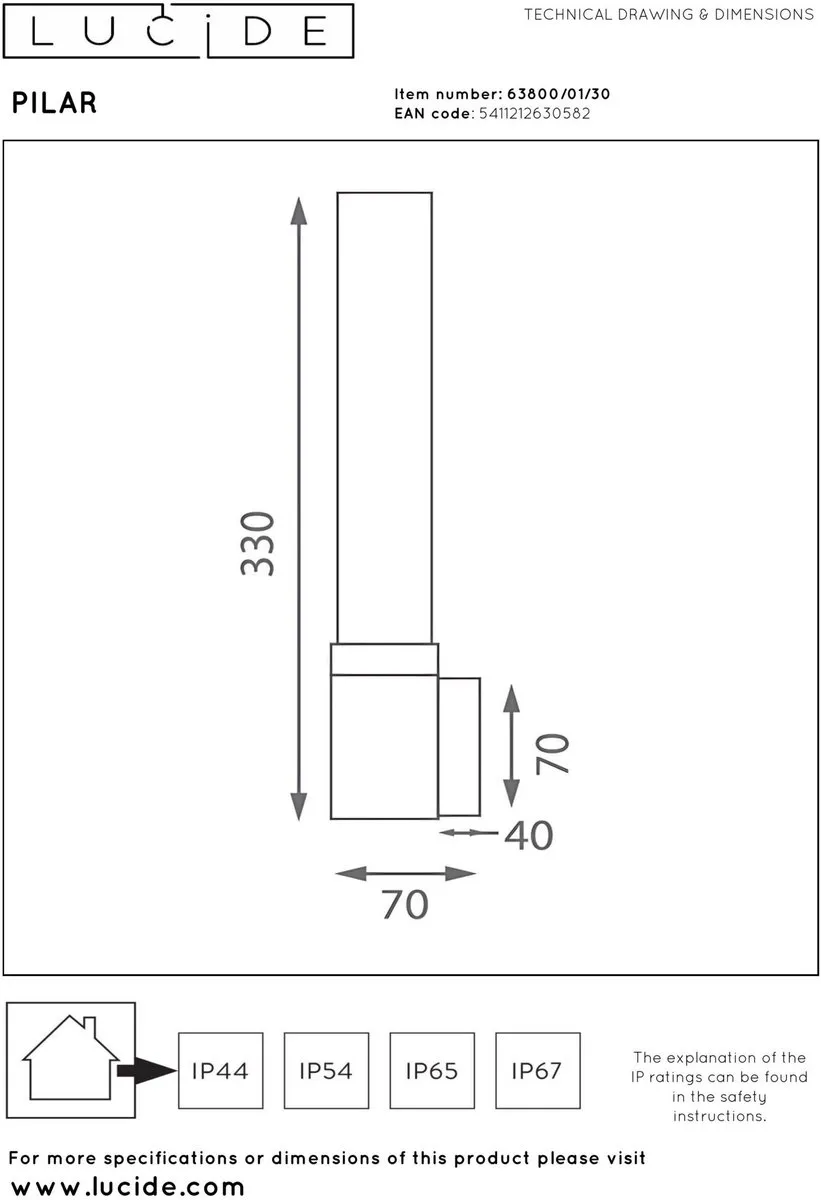 Lucide Pilar Wandlamp E27 IP54 - Zwart
