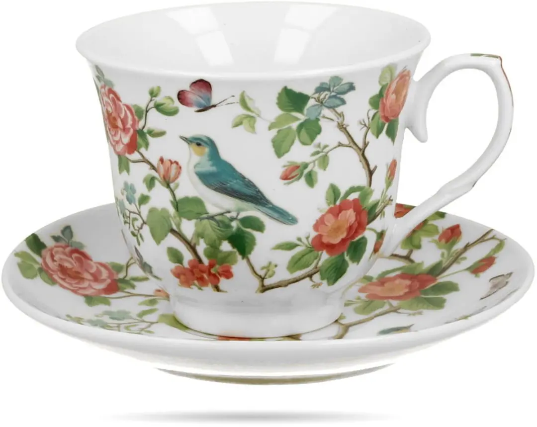 Duo Porseleinen Kop & Schotel 250ml - Retro Vogels - Multicolor