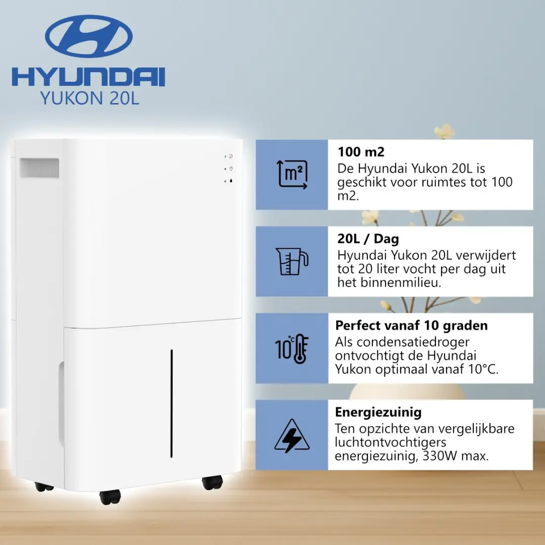Hyundai Yukon 20L Luchtontvochtiger 20L/dag - 100m² - Wit