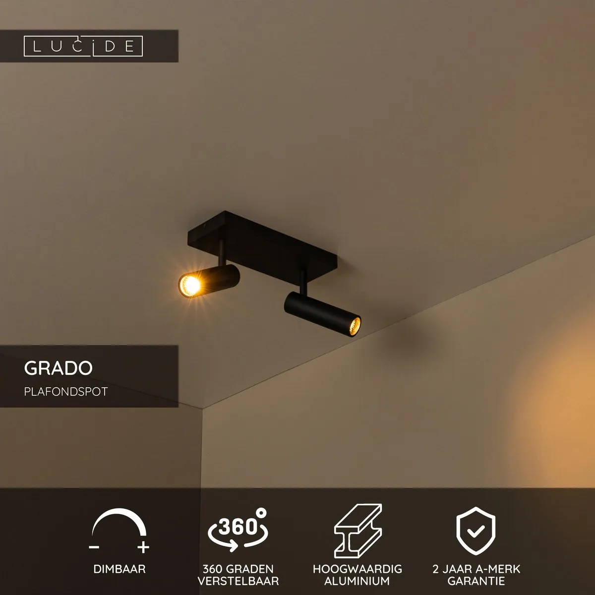 Lucide GRADO Plafondspot 2xGU10 Zwart