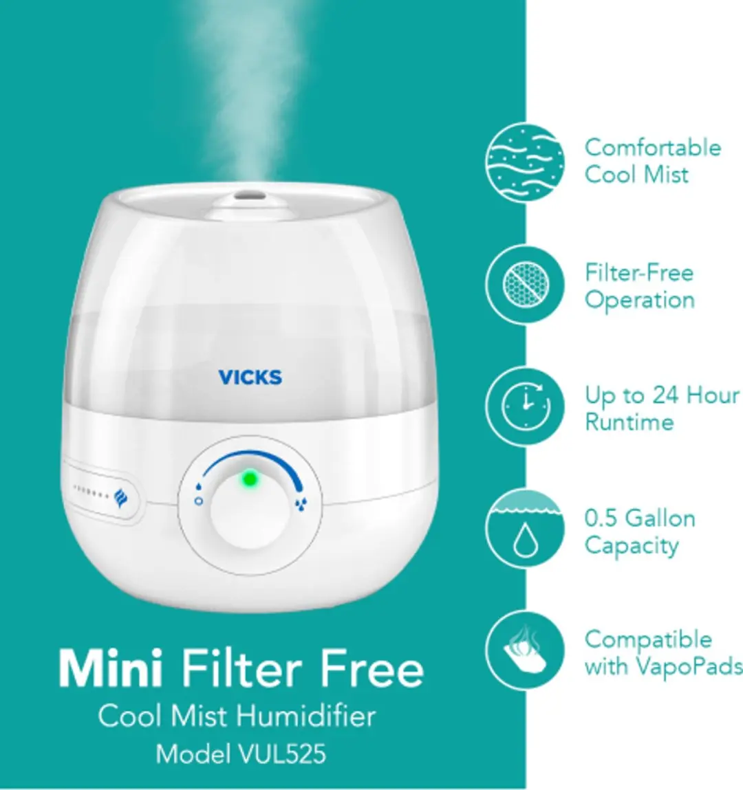 Vicks Mini Cool Mist VUL525E4 Luchtbevochtiger 1,8L - 15 m² - Wit/Blauw