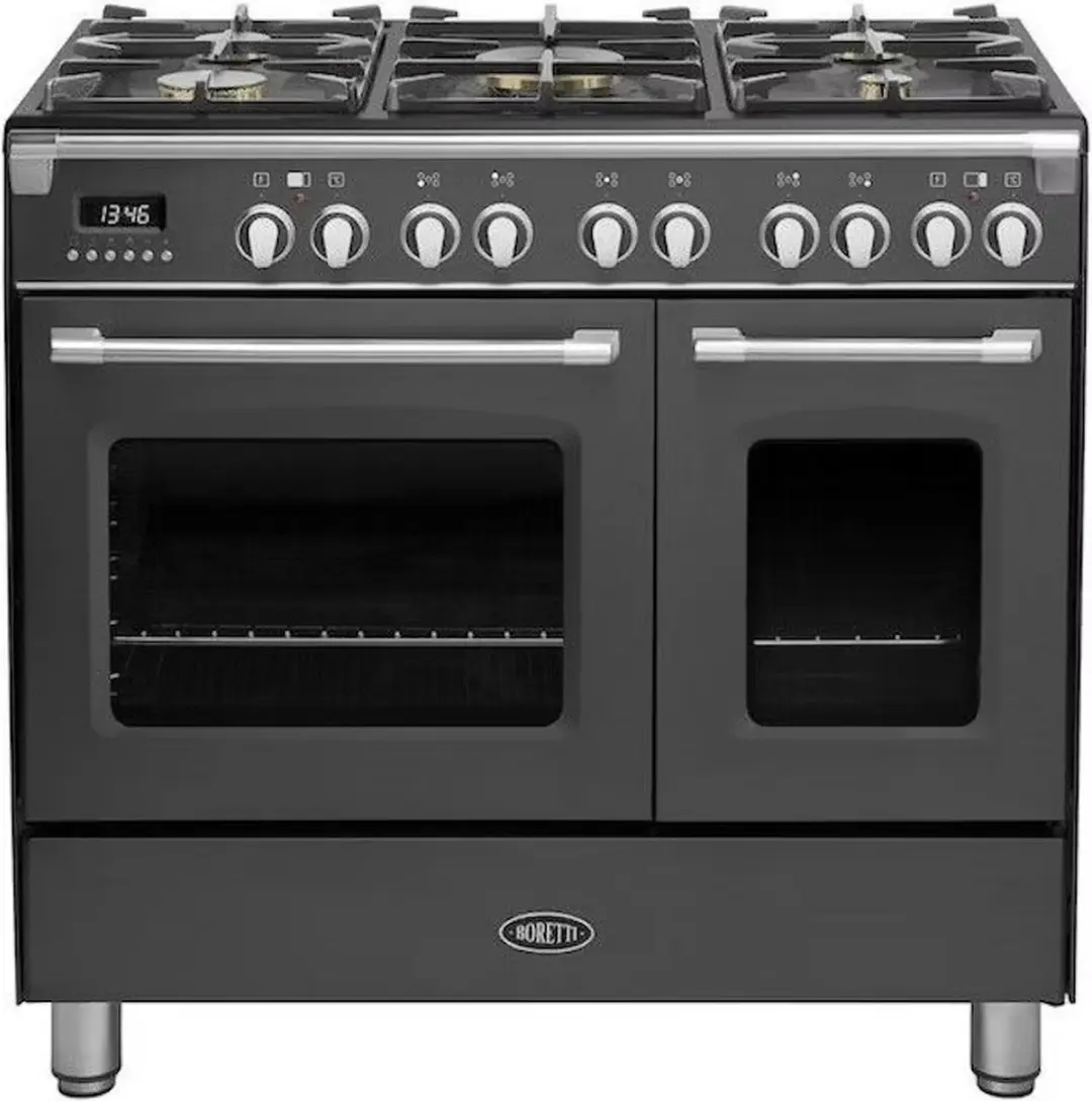 Boretti CFBG902ZW3 Gasfornuis 90cm - 5 Branders Dual Fuel - Dubbele Oven 70+45L - Zwart
