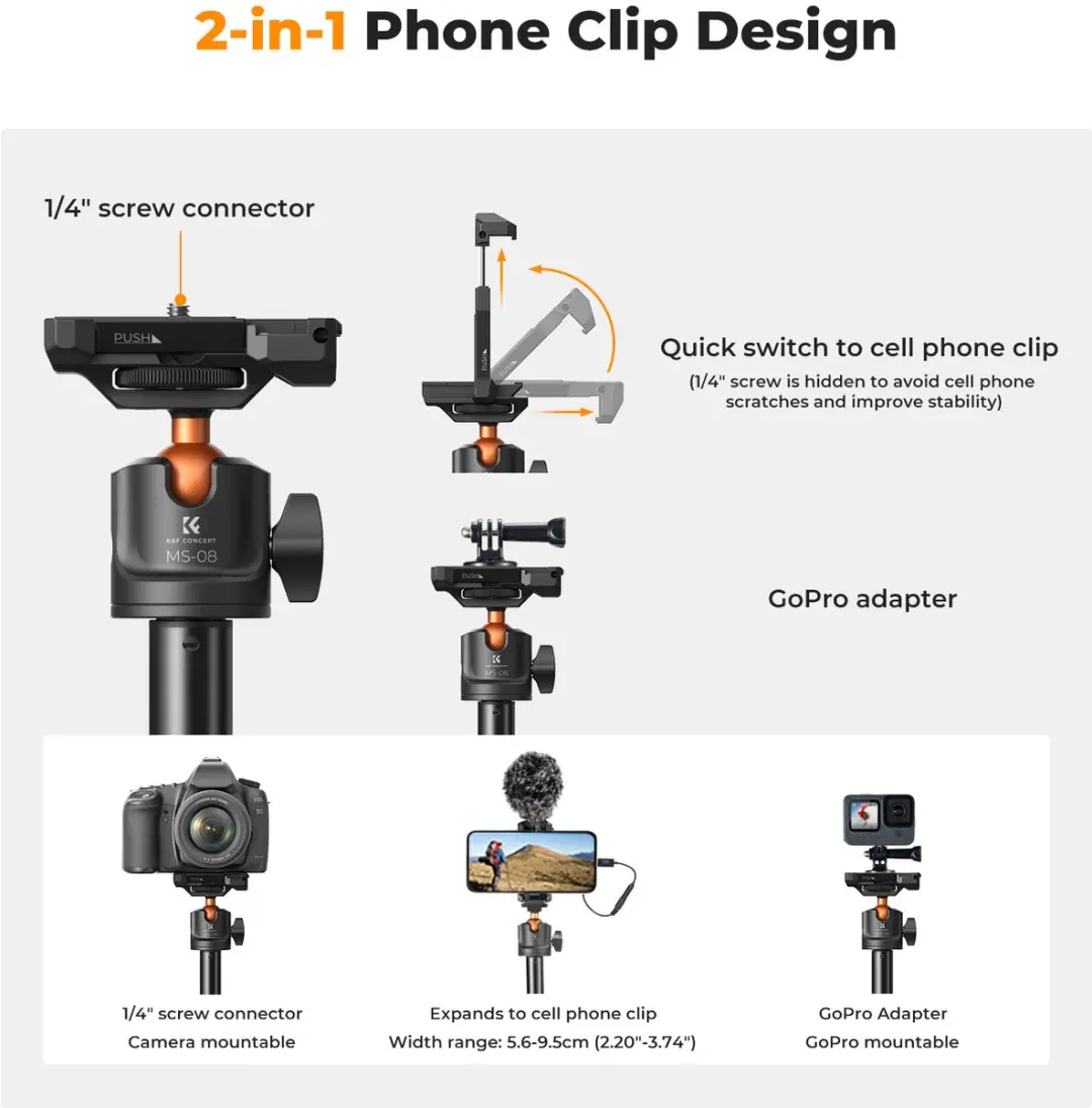 K&F Concept MS08 Selfiestick - 1,58m - Bluetooth - 3kg - Zwart