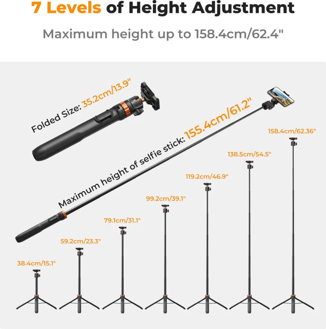 K&F Concept MS08 Selfiestick - 1,58m - Bluetooth - 3kg - Zwart