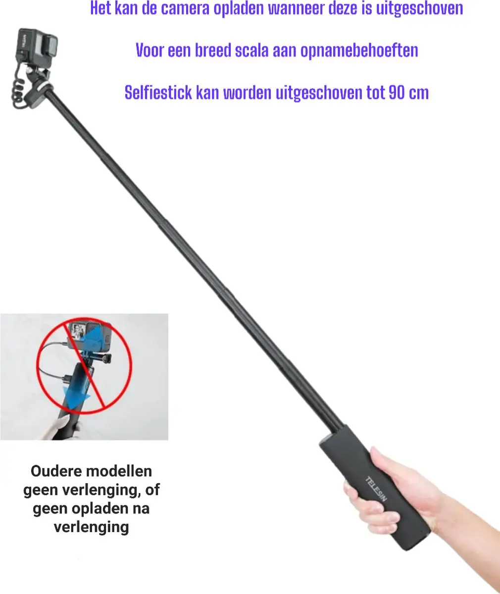 Telesin Oplaadbare Selfiestick 90cm - Powerbank 10.000mAh - Zwart