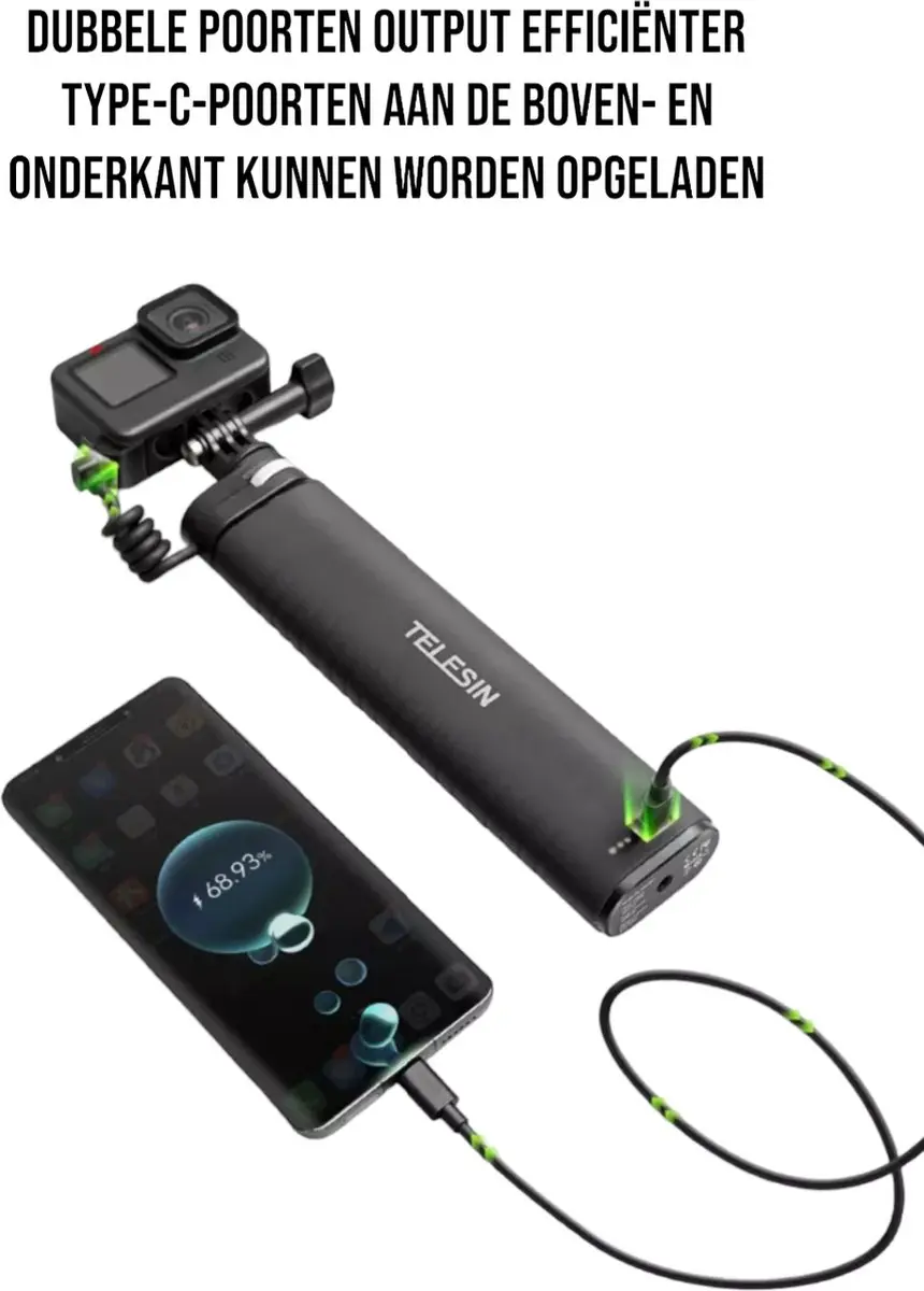 Telesin Oplaadbare Selfiestick 90cm - Powerbank 10.000mAh - Zwart