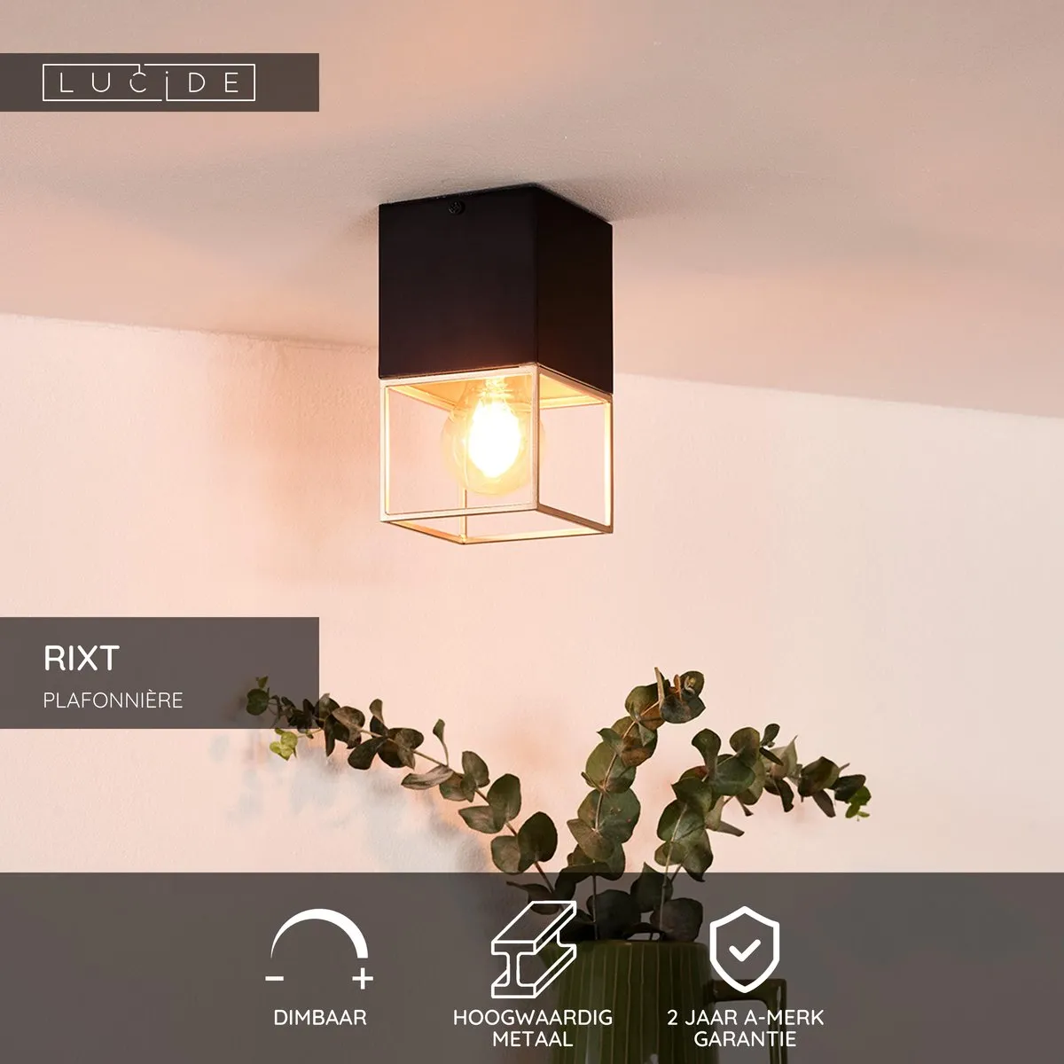 Lucide RIXT Plafondlamp E27 - Zwart