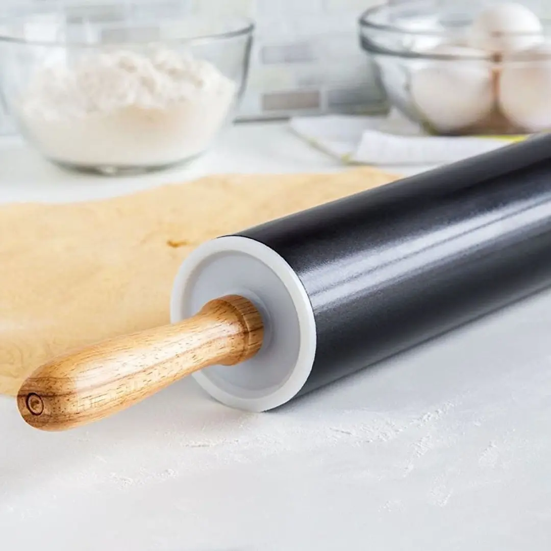 Orion Roterende Deegroller 46cm - Antiaanbaklaag - Zwart/Hout - afbeelding 6 van 6