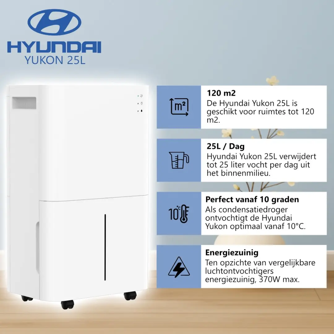 Hyundai Yukon 25L Luchtontvochtiger 25L/dag - 120m² - Wit