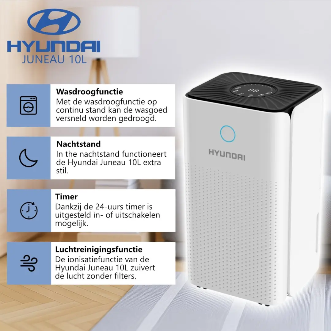 Hyundai Juneau 10L Luchtontvochtiger 195W - 10L/Dag Wit - afbeelding 6 van 6