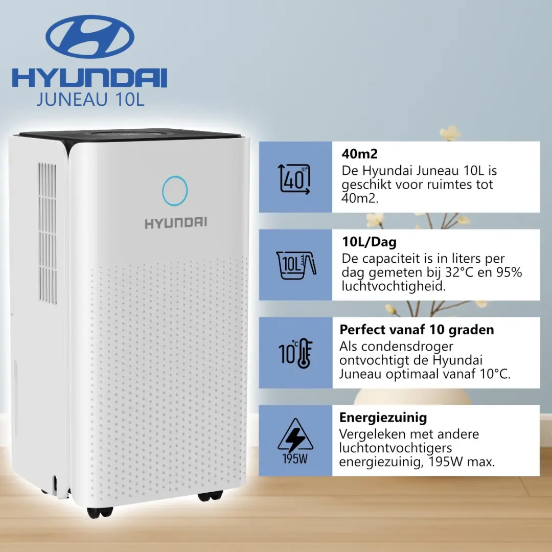 Hyundai Juneau 10L Luchtontvochtiger 195W - 10L/Dag Wit