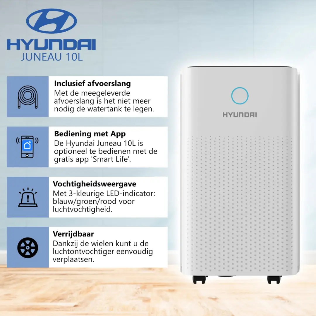 Hyundai Juneau 10L Luchtontvochtiger 195W - 10L/Dag Wit