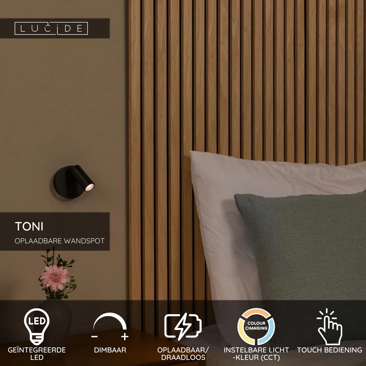 Lucide TONI Oplaadbare Wandspot - LED 2700K/4000K - Ø8,1cm - Zwart