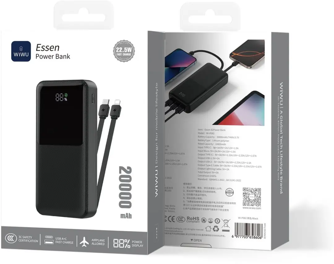 WiWU Powerbank 20000mAh 2-in-1 Type-C/Lightning - 22.5W - Zwart