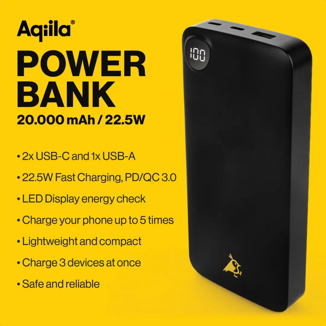 Aqiila Powerbank B20P 20000mAh - 22,5W - 2x USB-C/USB-A - LCD - Zwart