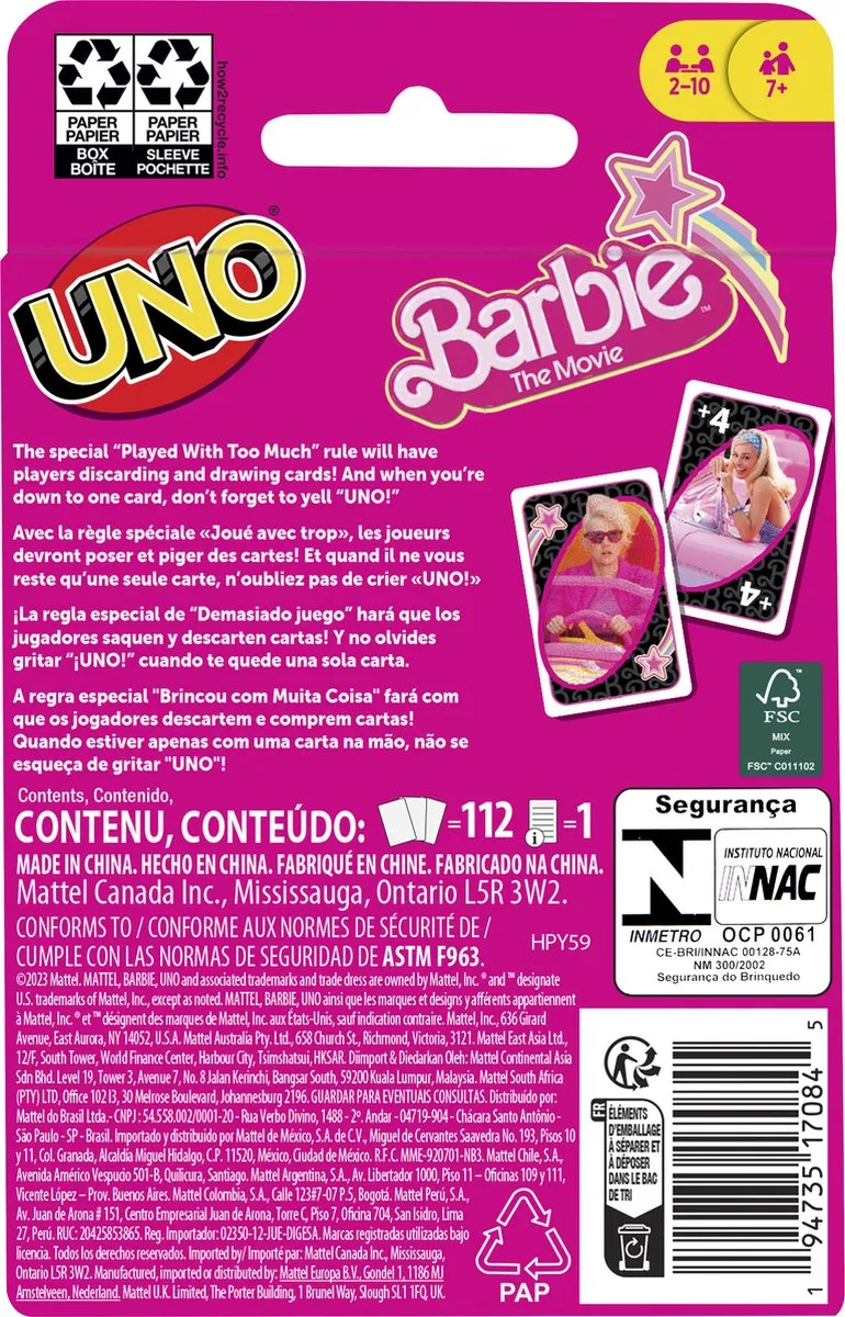 Mattel Games UNO Barbie The Movie Kaartspel - 10 Spelers