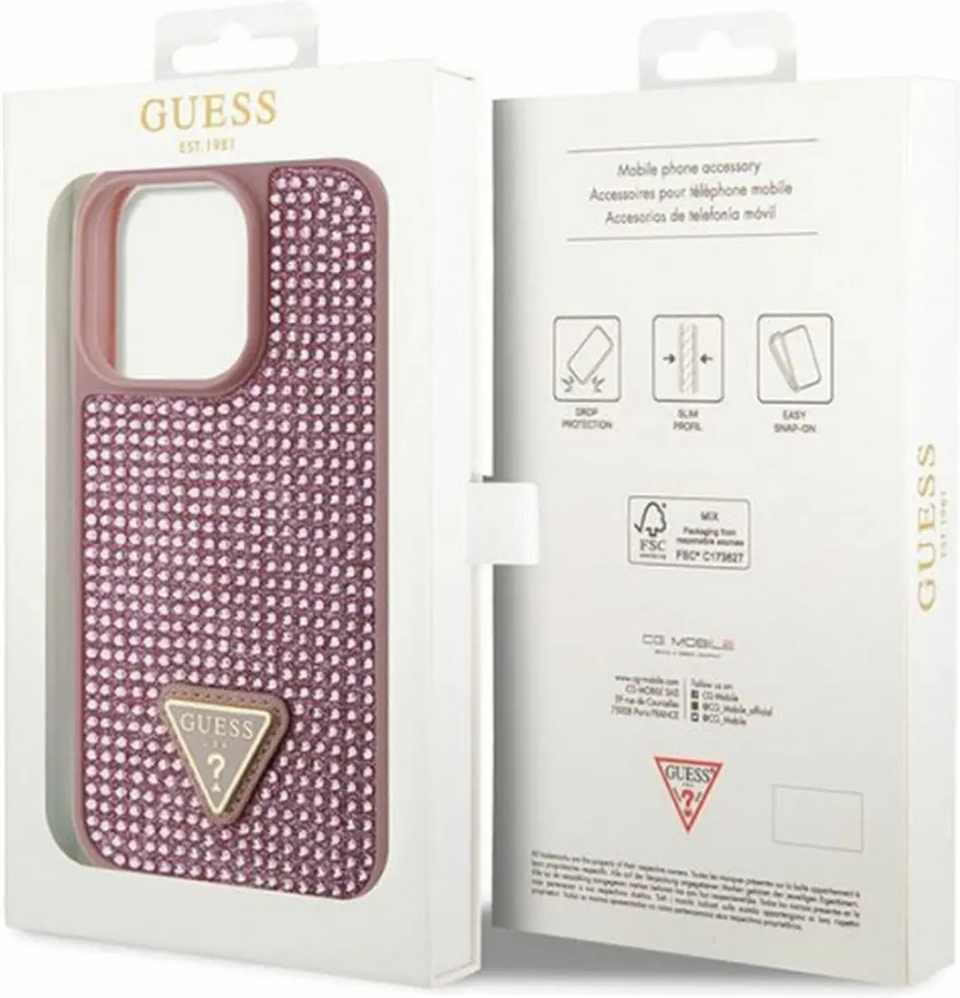 Guess Roze Hoesje iPhone 14 Pro - Rhinestones Triangle Logo