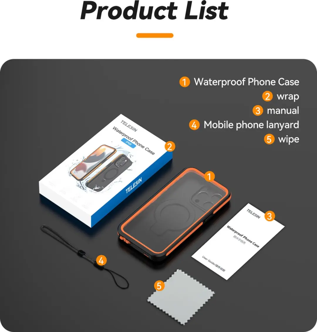 Telesin Waterproof Hoes iPhone 15 - Zwart/Oranje