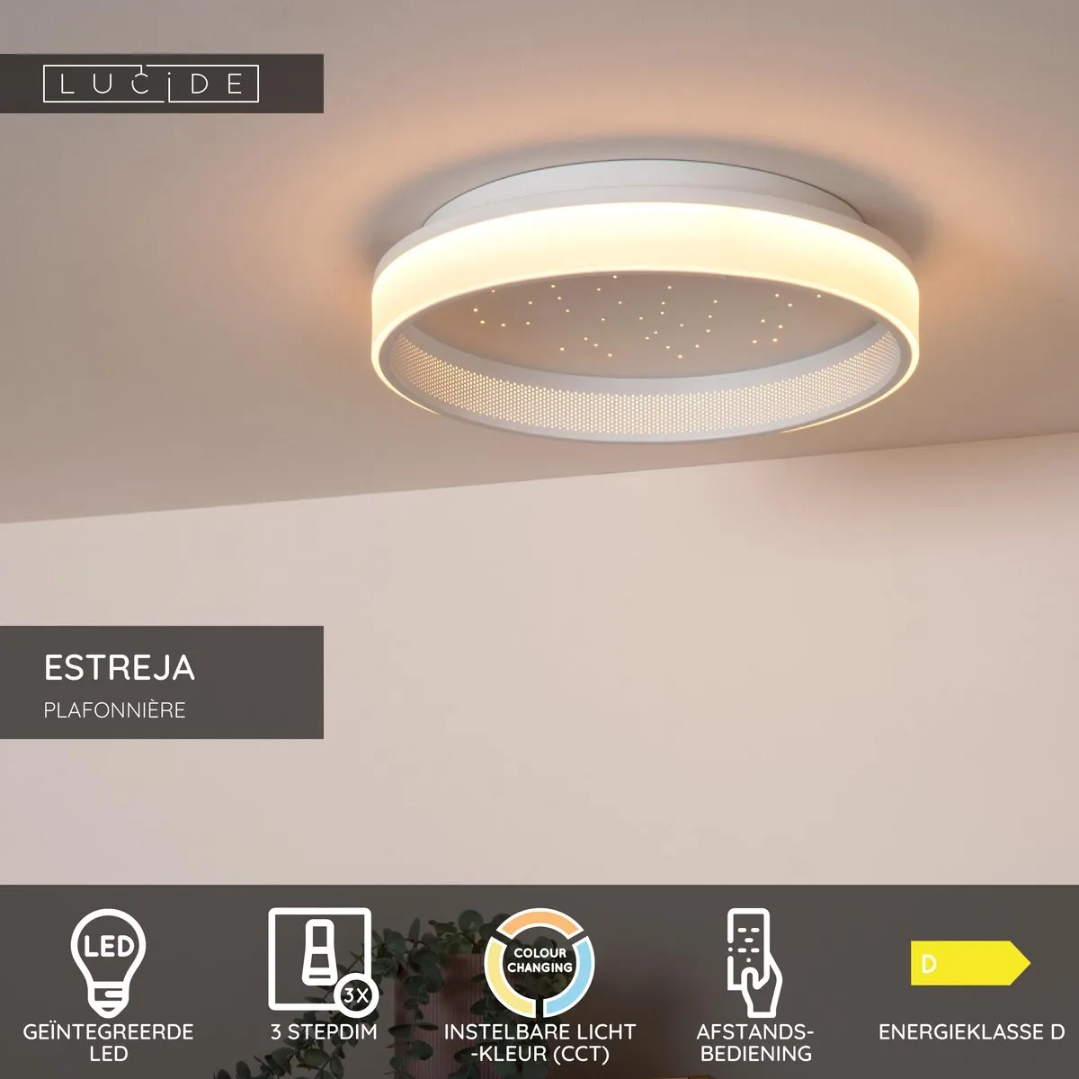 Lucide Estreja Plafondlamp Ø40cm - LED 3 StepDim - Wit