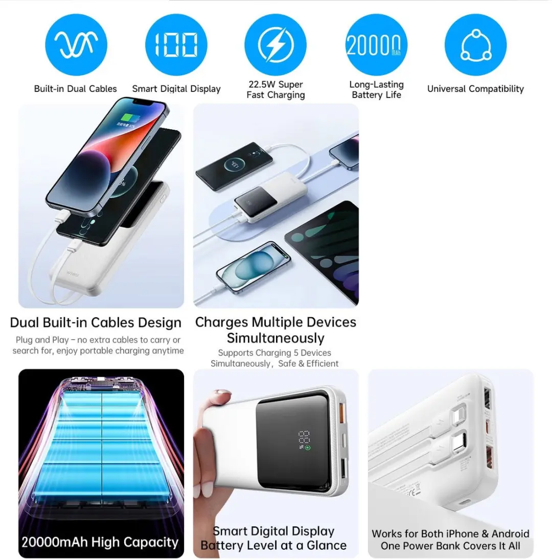WiWu Powerbank 20000mAh 14480 - Type-C/Lightning - 3 Outputs - Wit