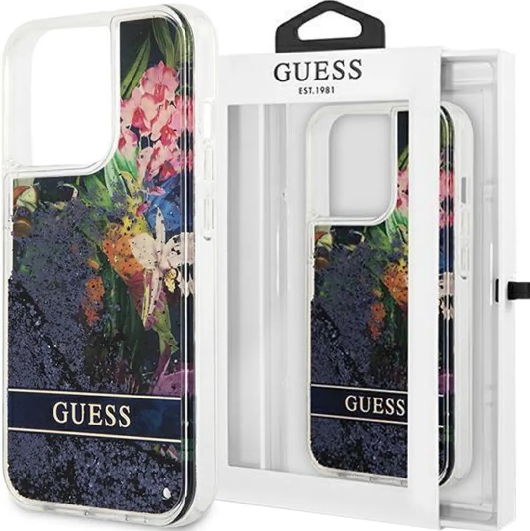 Guess Flower Liquid Glitter iPhone 14 Pro Hoesje - Blauw