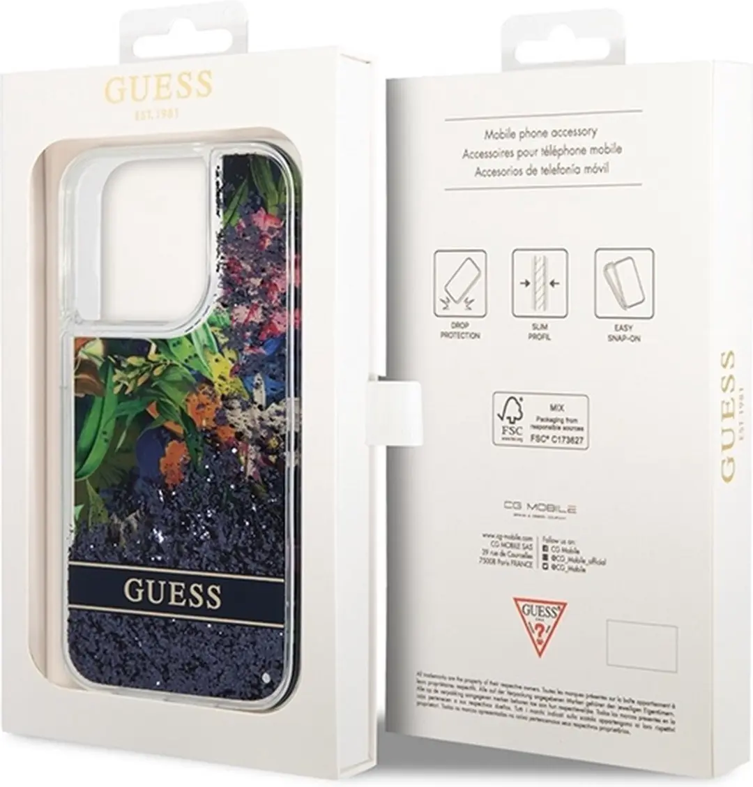 Guess Flower Liquid Glitter iPhone 14 Pro Hoesje - Blauw