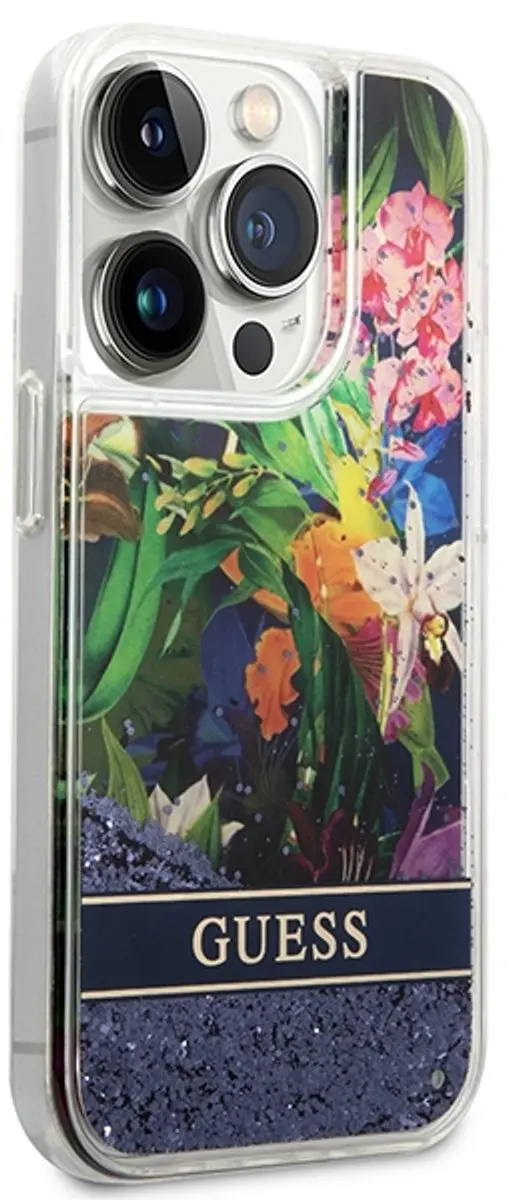 Guess Flower Liquid Glitter iPhone 14 Pro Hoesje - Blauw