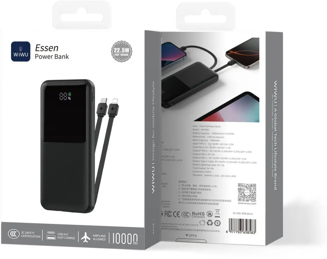 WiWu Powerbank 10000mAh 2-in-1 Type-C/Lightning - 22.5W - Zwart