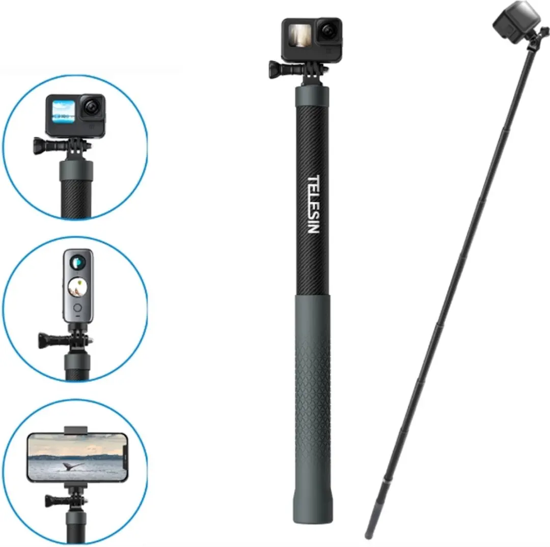 Telesin 3m Premium Selfiestick Carbon - GoPro/DJI/Insta360 - Zwart/Grijs