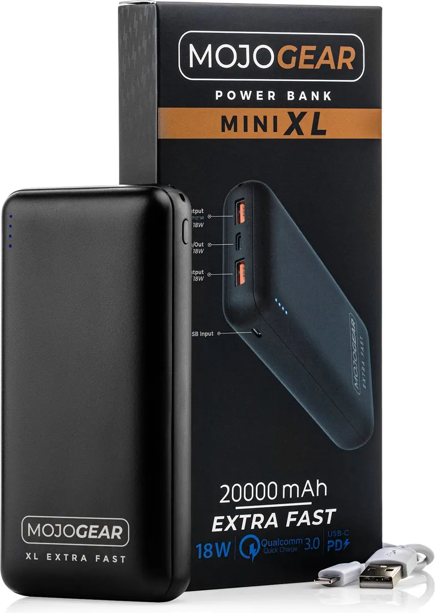 MOJOGEAR MINI XL Powerbank 20.000mAh - 18W - 4x USB - Zwart