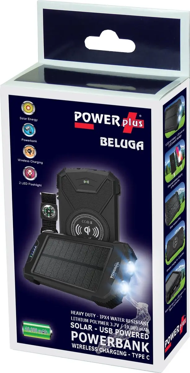 Powerplus Beluga Solar Powerbank 10000mAh - 2x opladen - Zwart