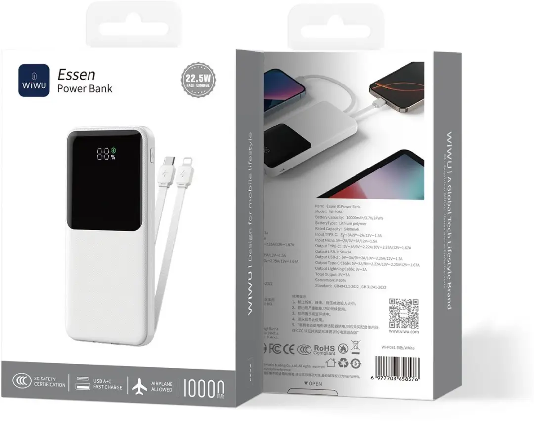 WiWu Powerbank 10000mAh 2-in-1 Type-C/Lightning - 22.5W - Wit - afbeelding 6 van 6