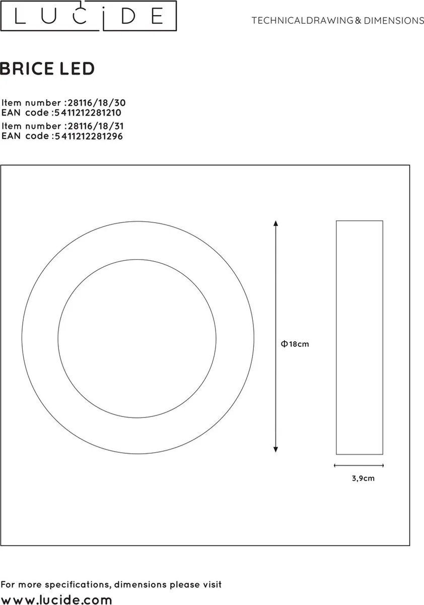 Lucide BRICE-LED Plafondlamp Badkamer 12W 3000K - Ø18cm Zwart - afbeelding 6 van 6