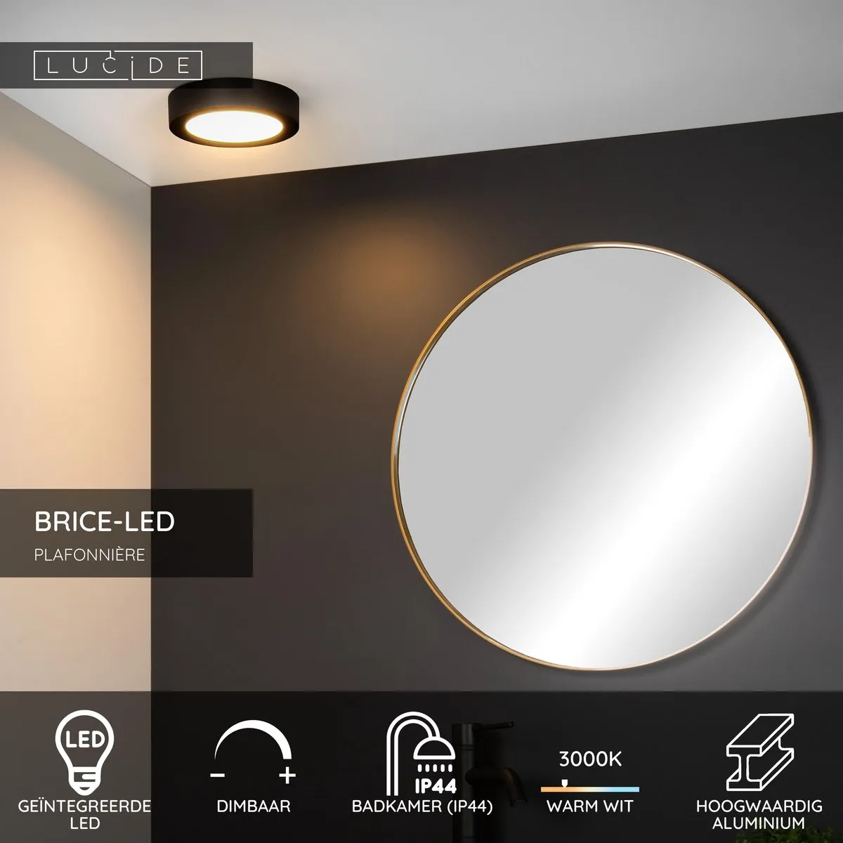 Lucide BRICE-LED Plafondlamp Badkamer 12W 3000K - Ø18cm Zwart