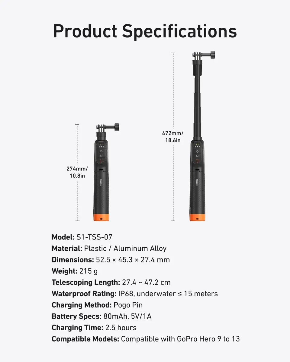 Telesin T-S1-TSS-07 Selfiestick Statief 3-in-1 - Zwart/oranje - afbeelding 6 van 6