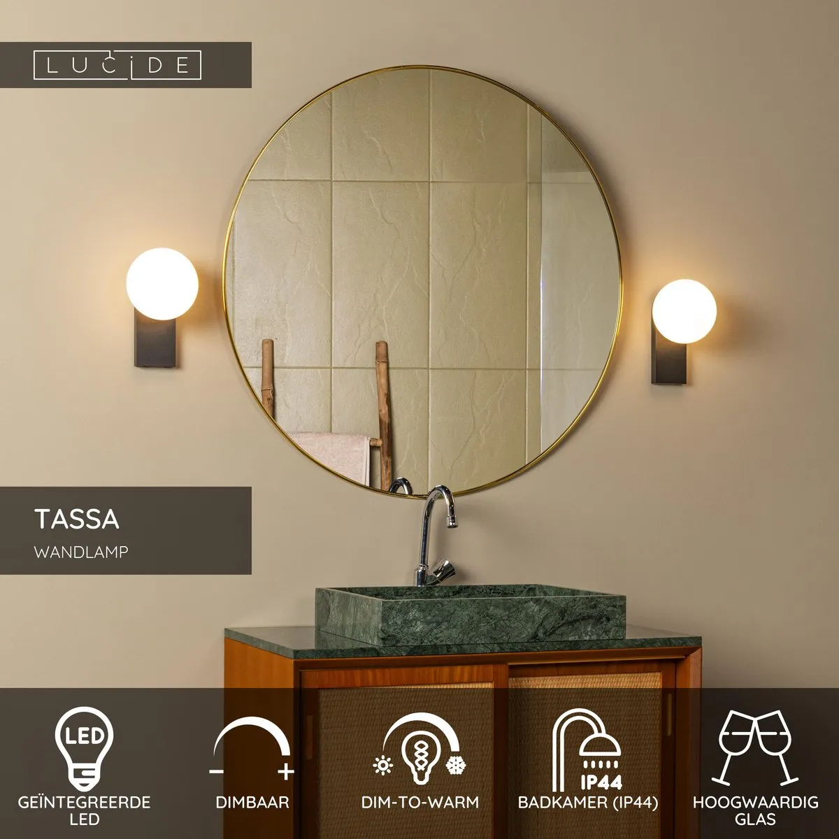 Lucide TASSA Wandlamp Badkamer 10W - IP44 - Zwart