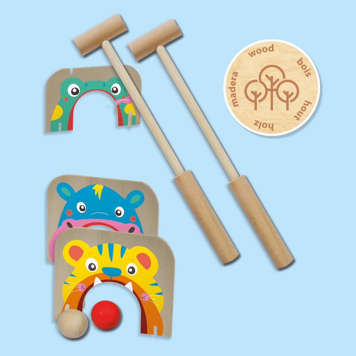 SES - Croquet and pittenzak gooien - 2-in-1 spellen - echt houten onderdelen met vrolijke illustraties - in handige bewaartas