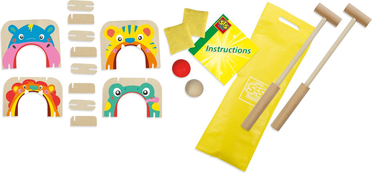 SES - Croquet and pittenzak gooien - 2-in-1 spellen - echt houten onderdelen met vrolijke illustraties - in handige bewaartas