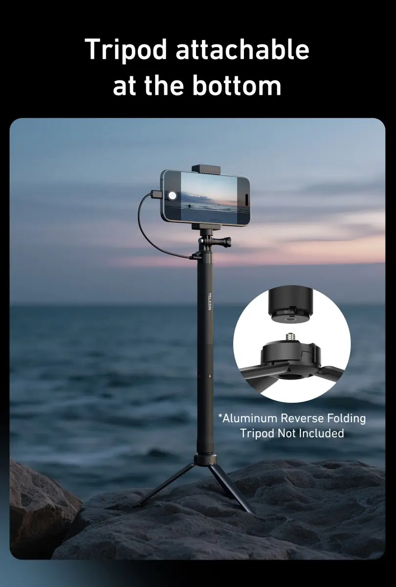 Telesin Power Selfie Stick 102cm - 5000mAh Powerbank - Zwart - afbeelding 6 van 6