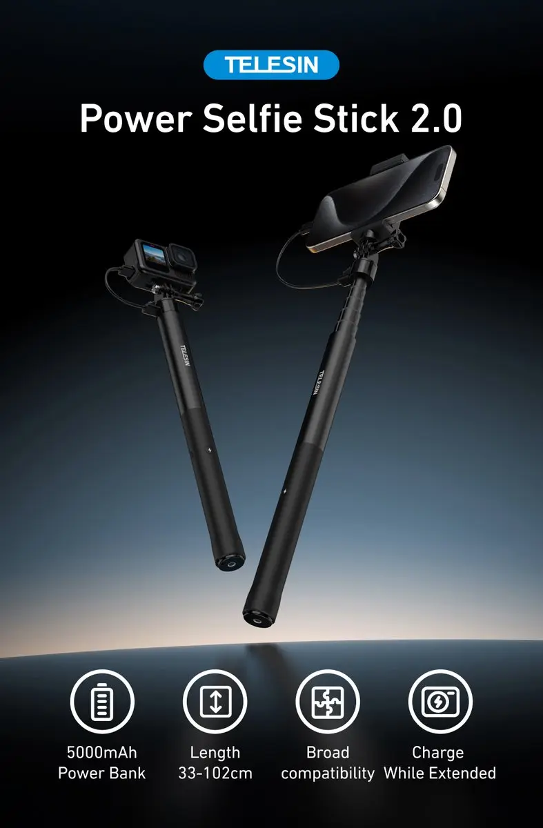 Telesin Power Selfie Stick 102cm - 5000mAh Powerbank - Zwart