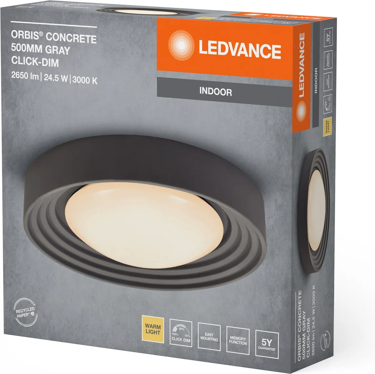 LEDVANCE Orbis Concrete Plafondlamp 24,5W 1800lm - Grijs 500mm