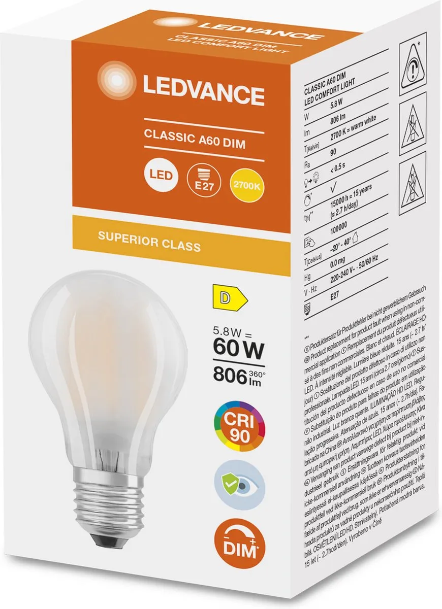 LEDVANCE Superior Classic E27 Peer Mat 5.8W - 806lm Warm Wit